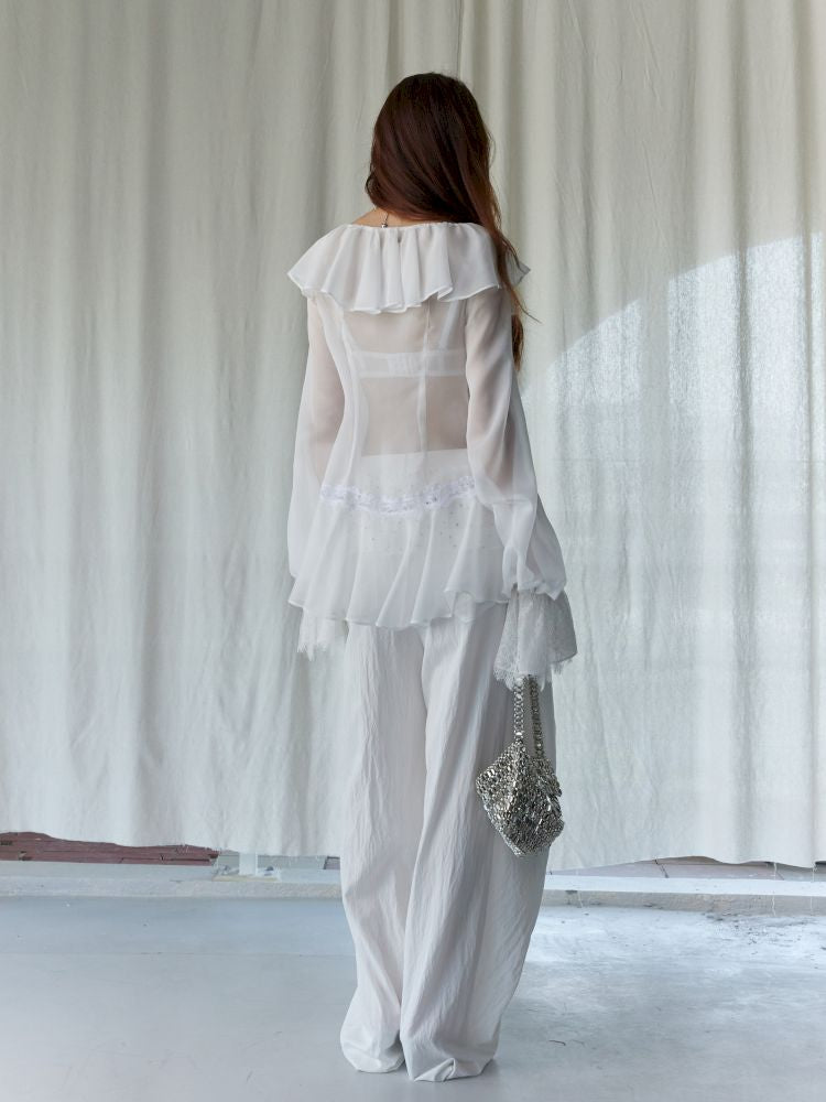 Ruffled airy skin sheer white shirt【s0000013225】