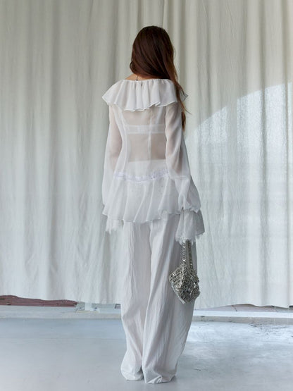 Ruffled airy skin sheer white shirt【s0000013225】