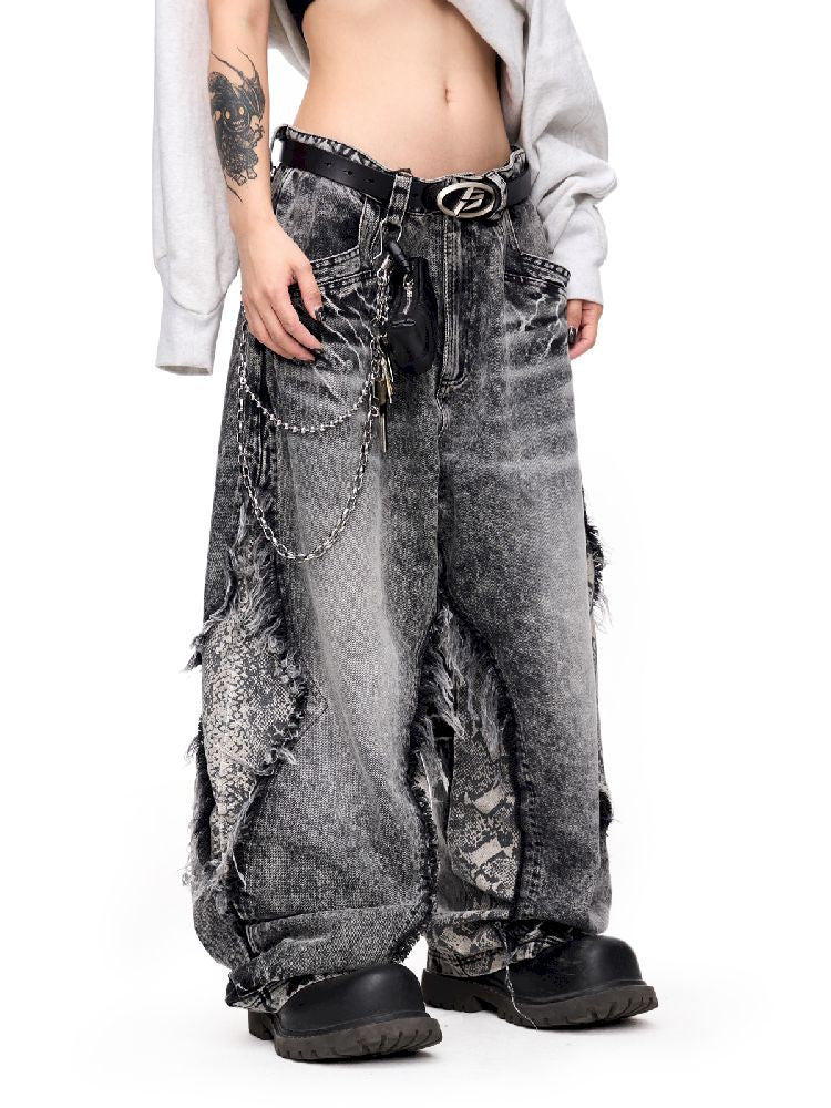 Raw Edge Snake Patchwork Pants【s0000011693】