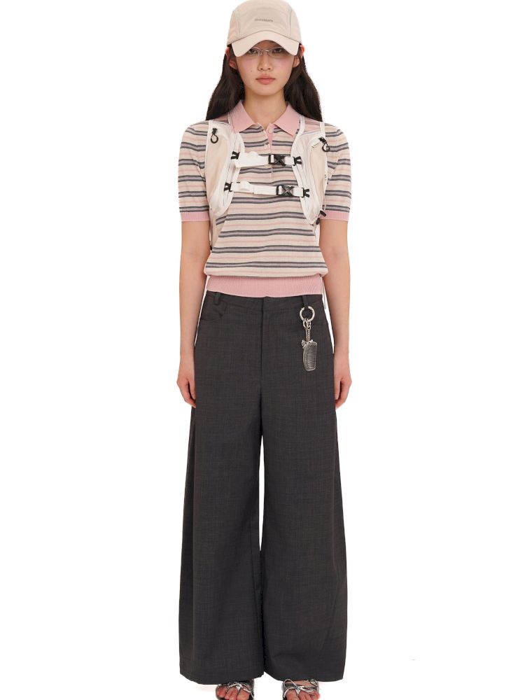 Stripes polo collar short sleeve knit tops【s0000013436】