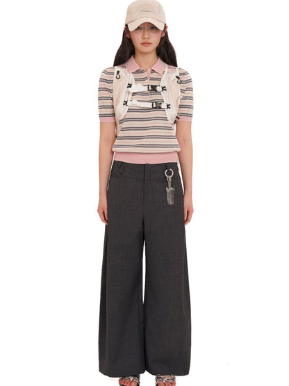 Stripes polo collar short sleeve knit tops【s0000013436】