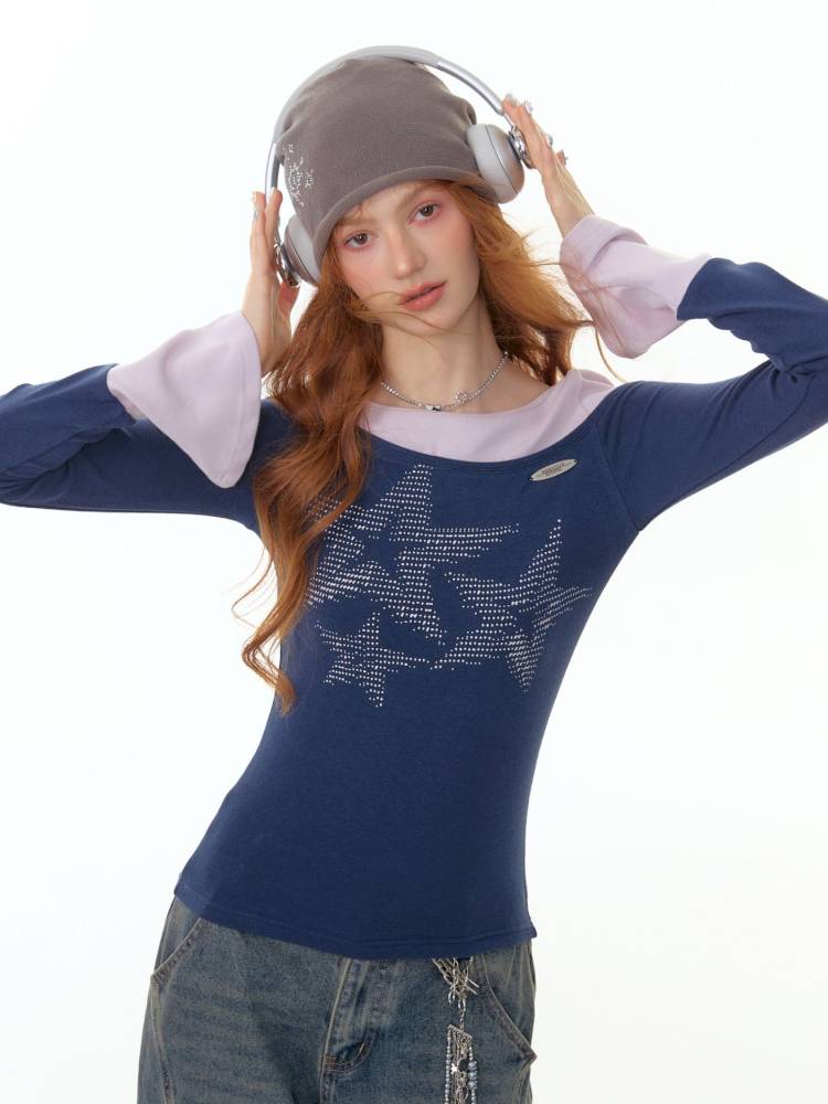 Star Print Dark Blue Long Sleeve T-Shirt【s0000014361】