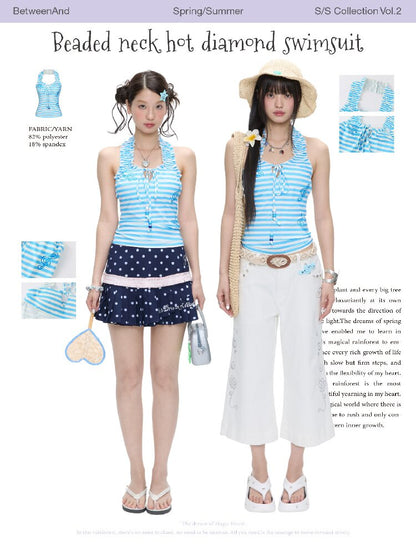 Blue Striped Halterneck Swimsuit【s0000016396】