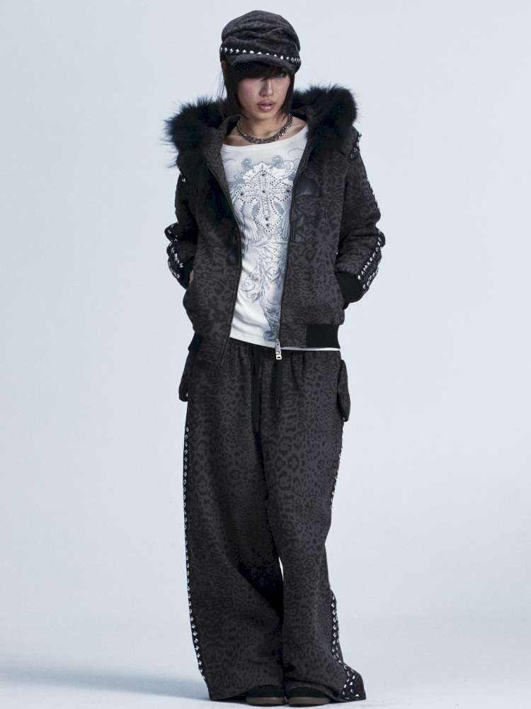 Leopard Print Plush Hooded Slacks Set【s0000014663】