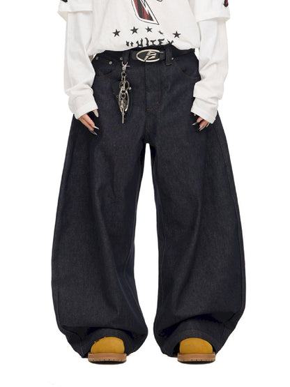 Raw Cow Denim Dark Blue Wide Leg Jeans【s0000011698】