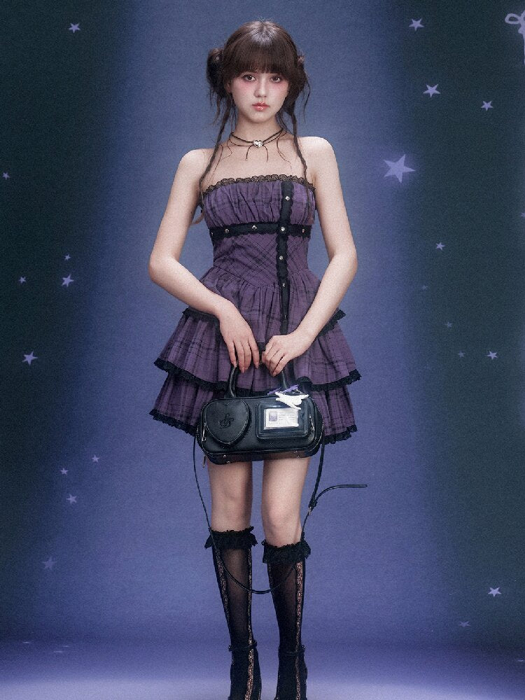 Purple Plaid Bandeau Cake Dress【s0000015757】