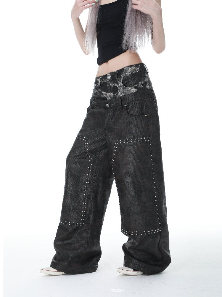 Studded Patchwork Wax Denim Pants【s0000017146】