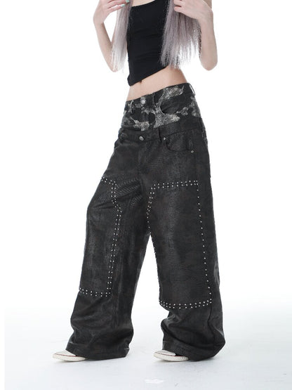 Studded Patchwork Wax Denim Pants【s0000017146】