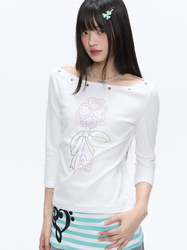 White Clover Hot Bead T-Shirt Top【s0000016408】