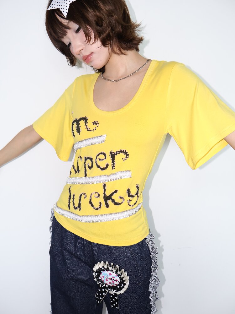 Lucky Slogan Lace Print U-Neck Top【s0000018686】