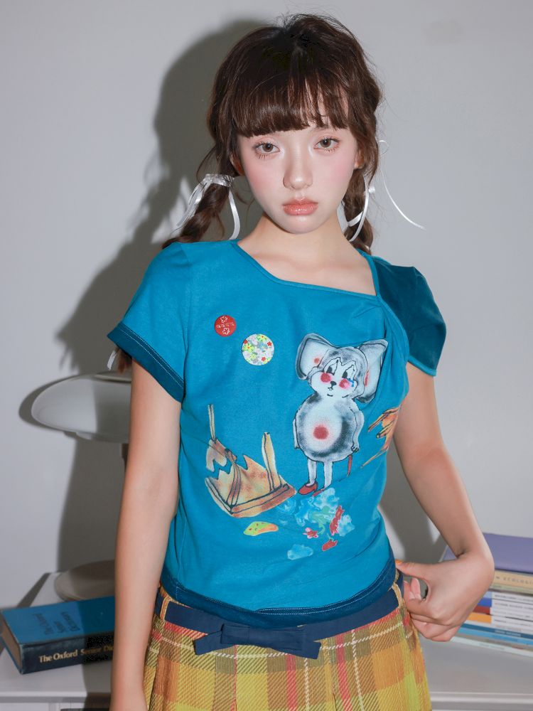 Blue Mouse Knot Design T-Shirt【s0000013923】