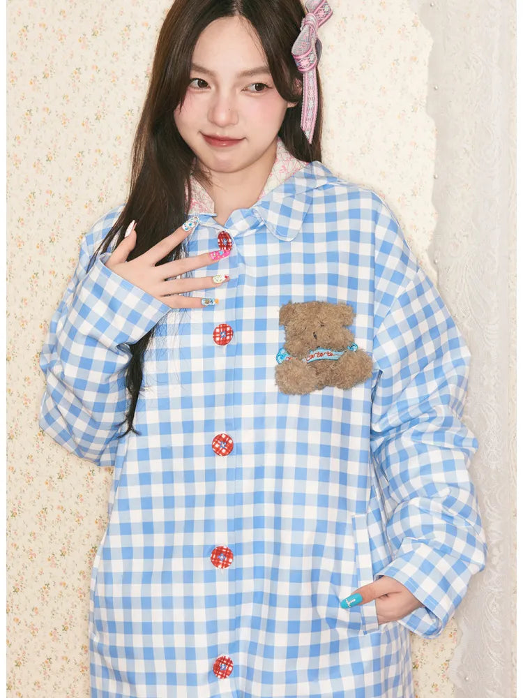 Blue plaid detachable-hood trench coat【s0000014149】