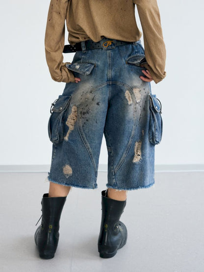 Washed and Ripped Denim Seven-Point Pants【s0000012476】