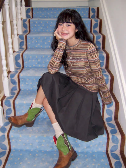 Retro Striped Embroidered Long-Sleeve T-Shirt【s0000013997】