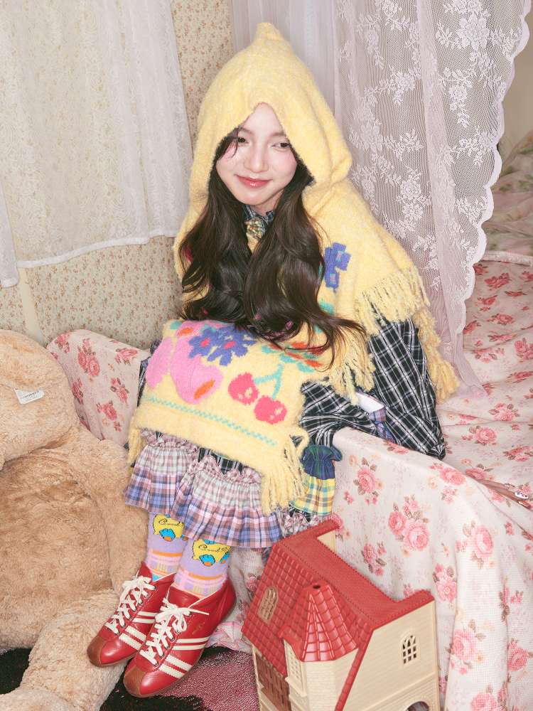 Yellow Bear Knit Shawl Tassel Hooded Cape【s0000014821】