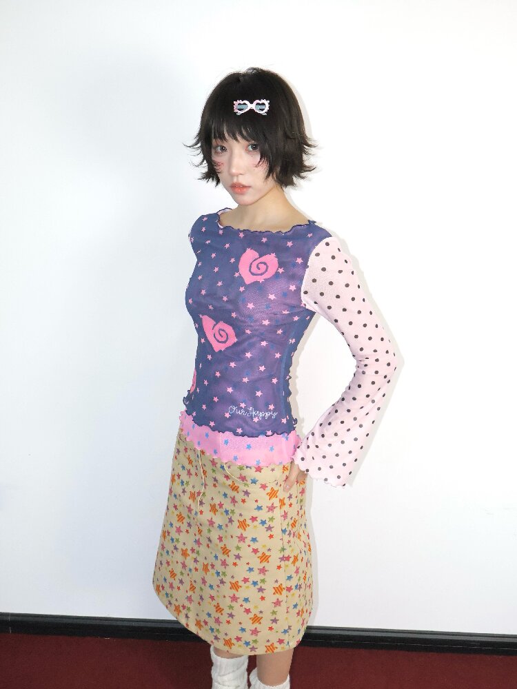 Pink Blue Mesh Flared Sleeve Top【s0000018675】