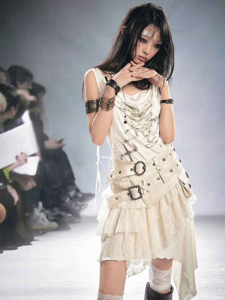 Strap Print Lace Ruffled Dress【s0000016214】