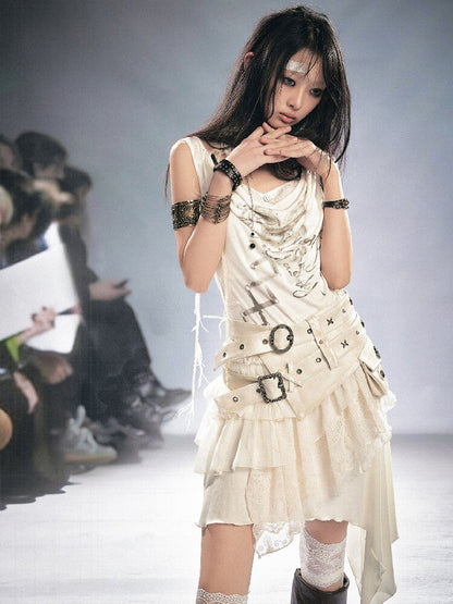 Strap Print Lace Ruffled Dress【s0000016214】