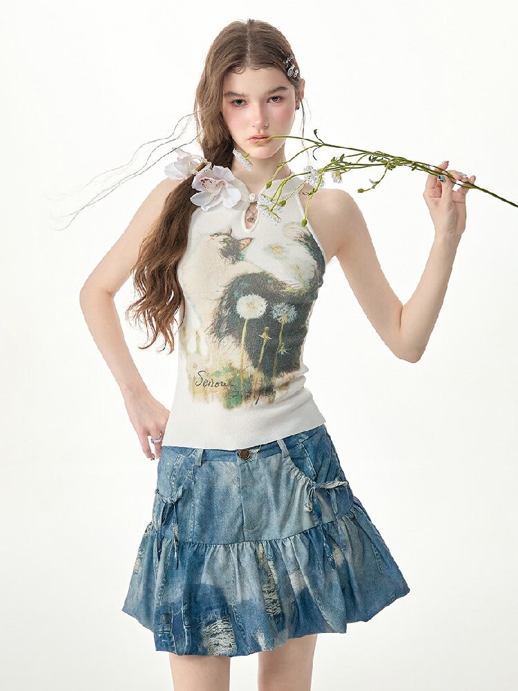 Halter Neck Cat Print Knit Vest【s0000017313】