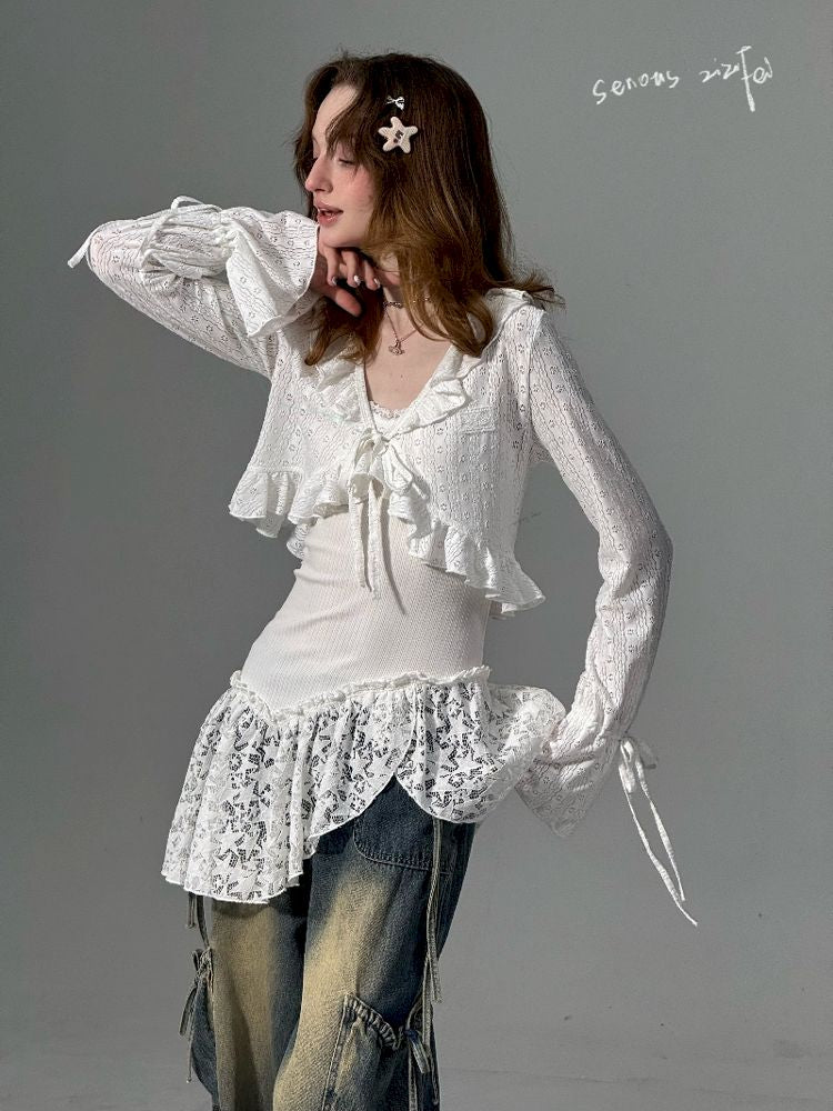 Lace Hollow Tie Knit Cardigan【s0000012228】