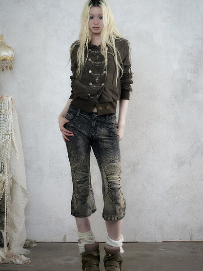 Rhinestone Three-Quarter Jeans【s0000017983】