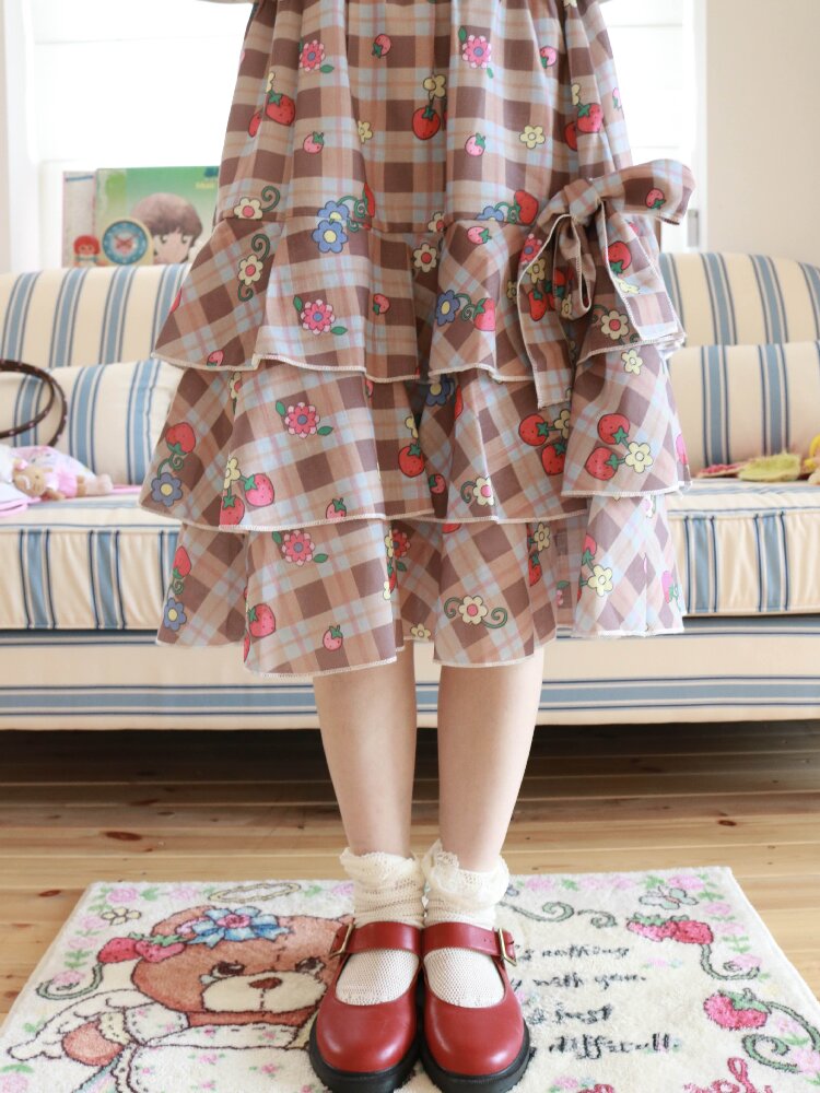 Strawberry Plaid Print Midi Skirt【s0000017504】