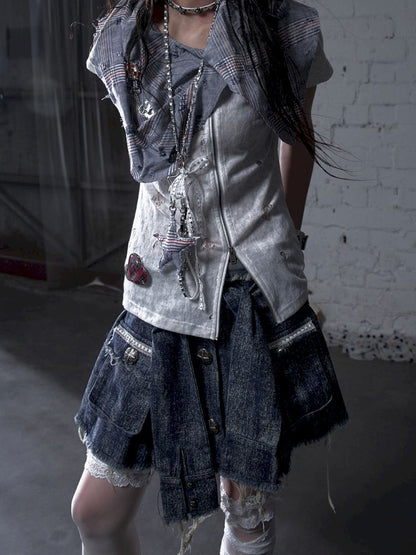 Faux two-piece distressed short-sleeved T-shirt【s0000012790】