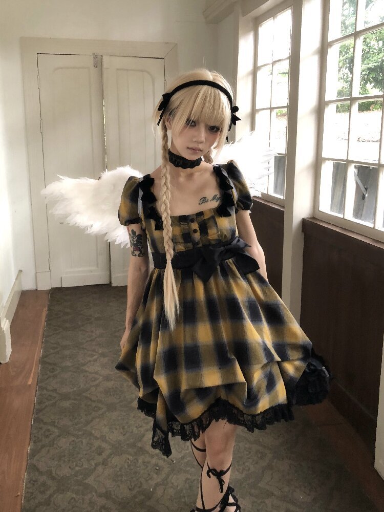 Plaid Puff Sleeve Lantern Dress【s0000016892】