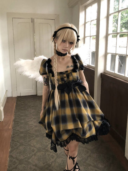 Plaid Puff Sleeve Lantern Dress【s0000016892】