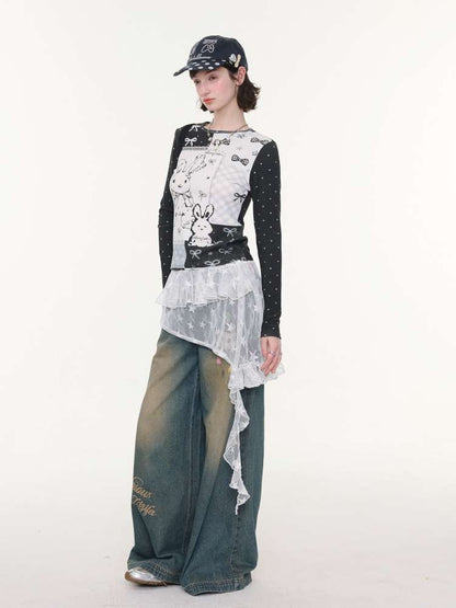 Rabbit Print Bow Contrast Top【s0000015433】