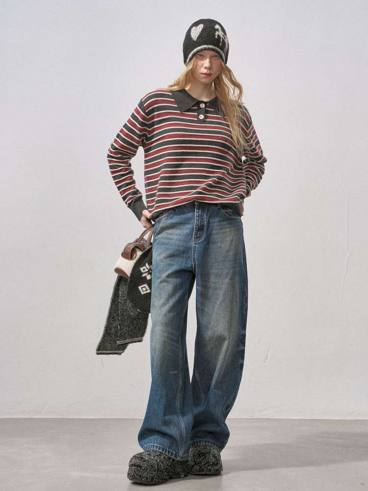 Cotton Wool Striped Polo Pullover【s0000015233】