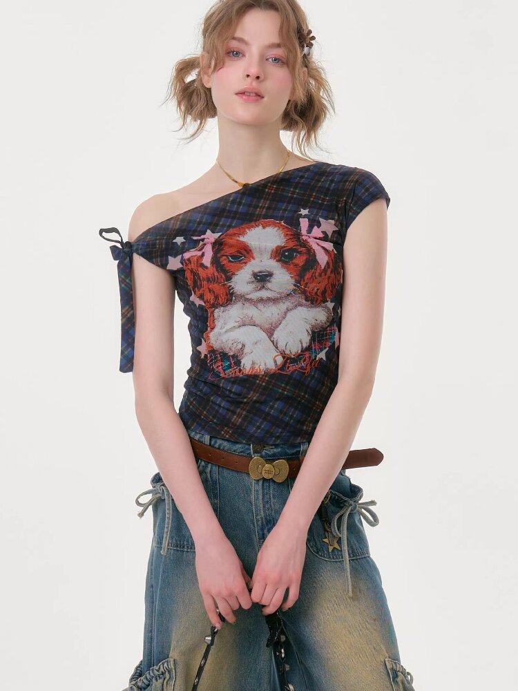 Plaid Print Off Shoulder T-Shirt【s0000016613】