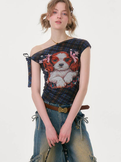 Plaid Print Off Shoulder T-Shirt【s0000016613】