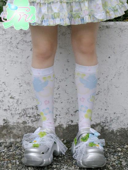 Angel Print White Mid Calf Socks [S0000009081]