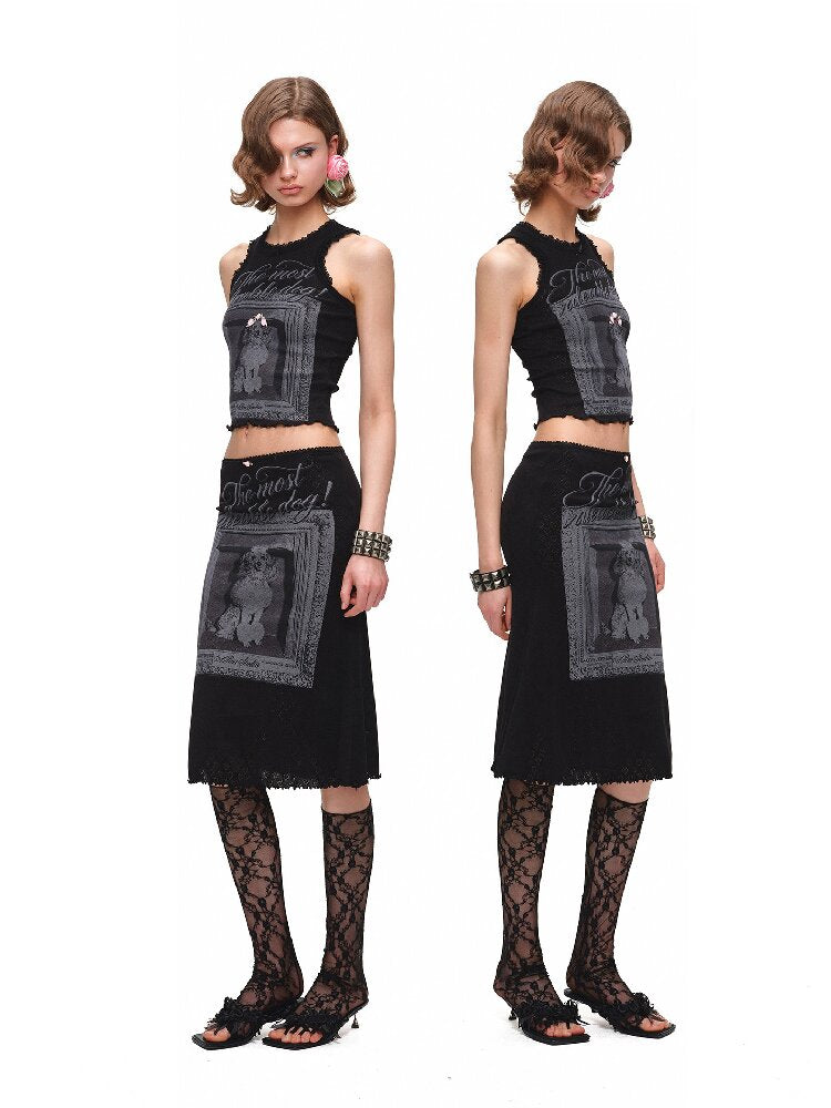 Vintage Dog Print Vest Midi Skirt【s0000016905】
