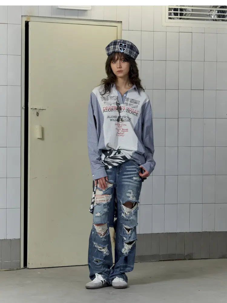 Patchwork Blue Striped Sleeve Shirt【s0000014199】