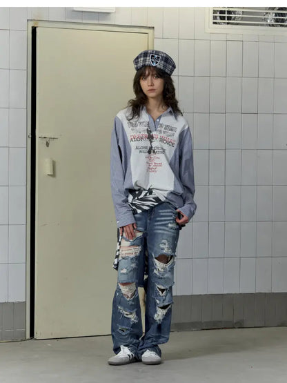 Patchwork Blue Striped Sleeve Shirt【s0000014199】