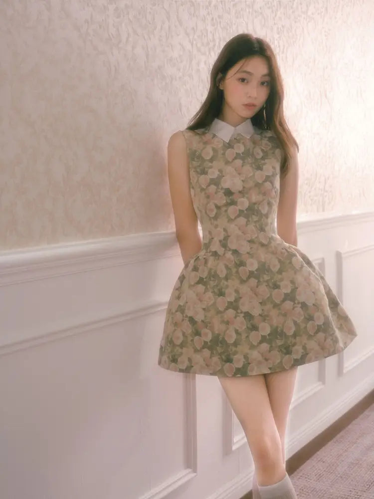 Rose Oil Painting Shirt Collar Sleeveless Dress【s0000014340】