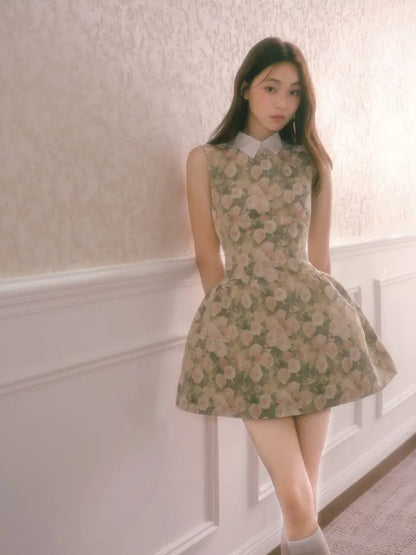 Rose Oil Painting Shirt Collar Sleeveless Dress【s0000014340】