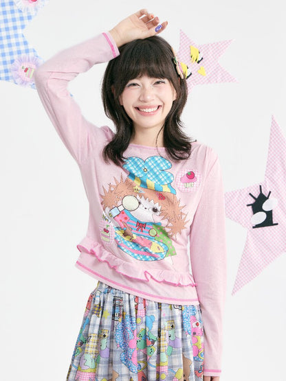 Pink Illustration Lace Long Sleeve T-Shirt【s0000018373】