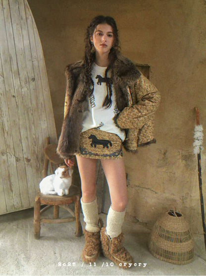 Striped Patchwork Pony Print T-Shirt【s0000014899】