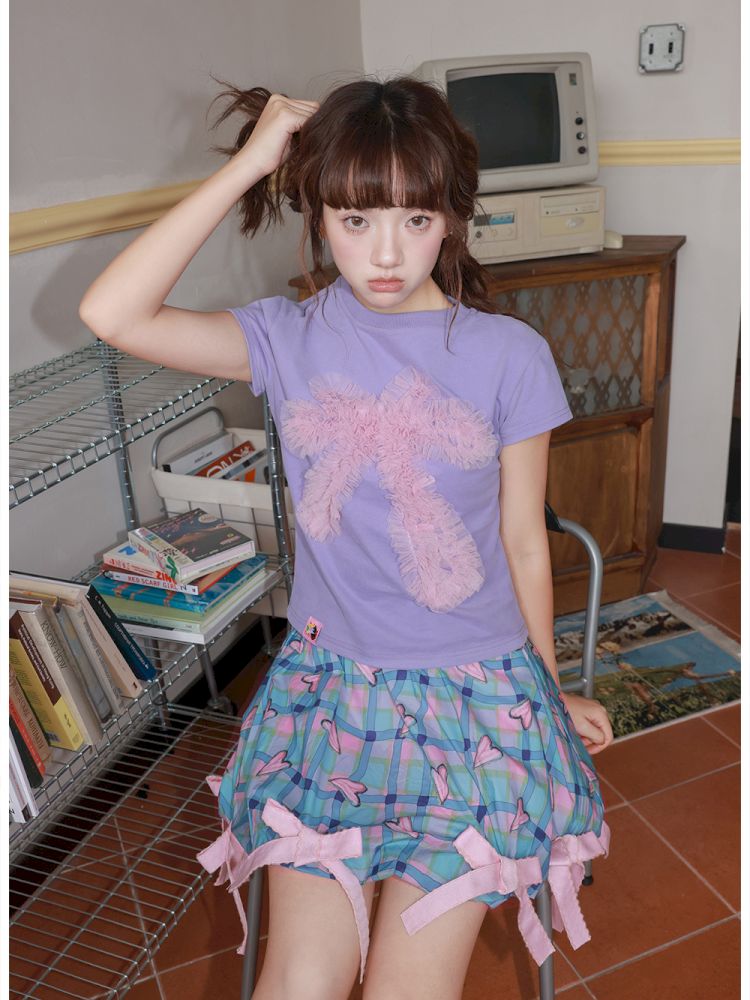 Two-tone mesh bow T-shirt【s0000012828】