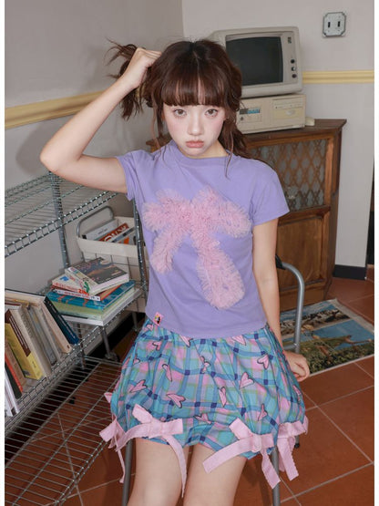 Two-tone mesh bow T-shirt【s0000012828】