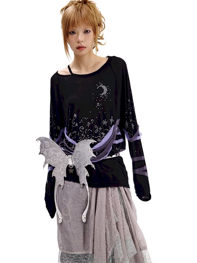 Starry Night Rhinestone Long Sleeve T-Shirt【s0000010505】