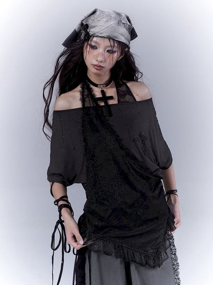 Lazy style rhinestone black T-shirt【s0000012844】