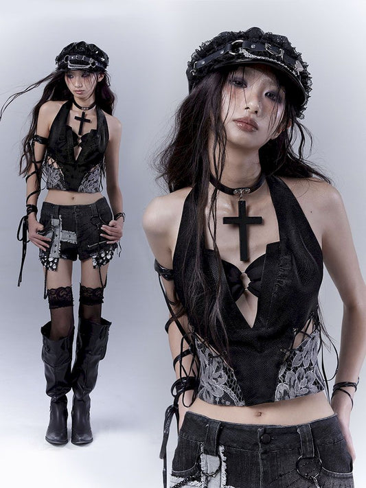 Lace Patchwork Leather Vest【s0000012375】