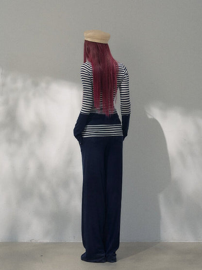 Navy Blue Wool Patchwork Pants【s0000019258】