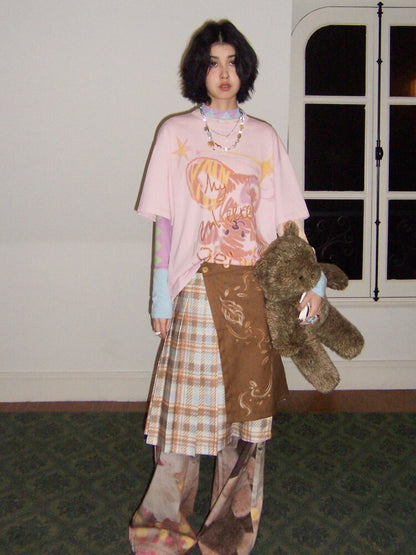 Plaid Flower Pleated Spliced Skirt【s0000015465】