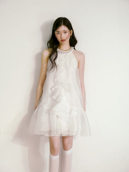 Bow Pearl Neckline Pom Pom Dress【s0000013243】