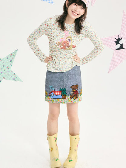Denim Floral Patchwork Short Skirt【s0000018720】